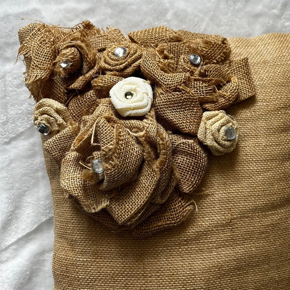 Burlap Decorative Throw Pillow with Burlap Roses and Rhinestones
